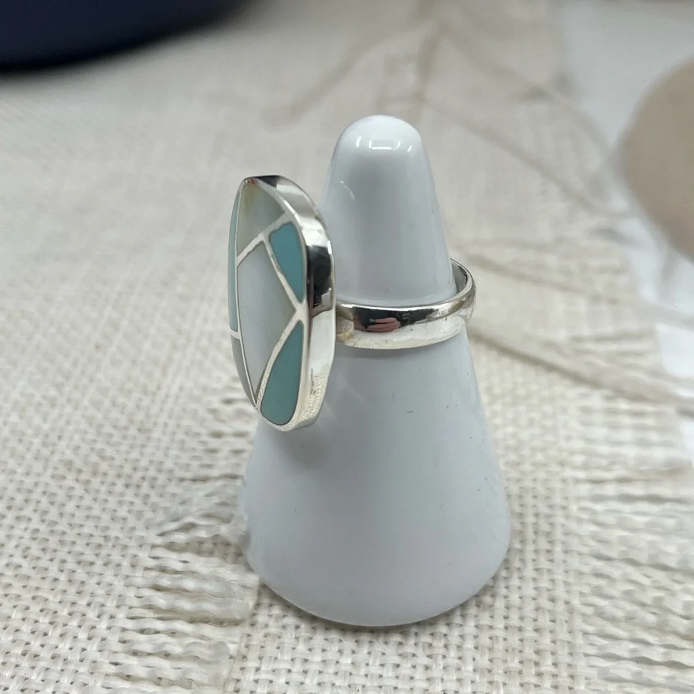 Vintage Thai 925 Sterling Silver Natural Turquoise MOP Inlay Ring Size 6 - Picture 14 of 16